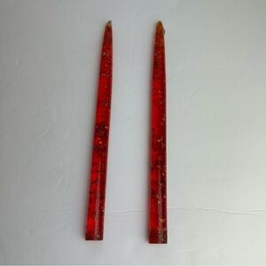 Vintage Lucite Red Candlesticks Gold Flake 1960s Foil Tapered No-Burn Candle 11”